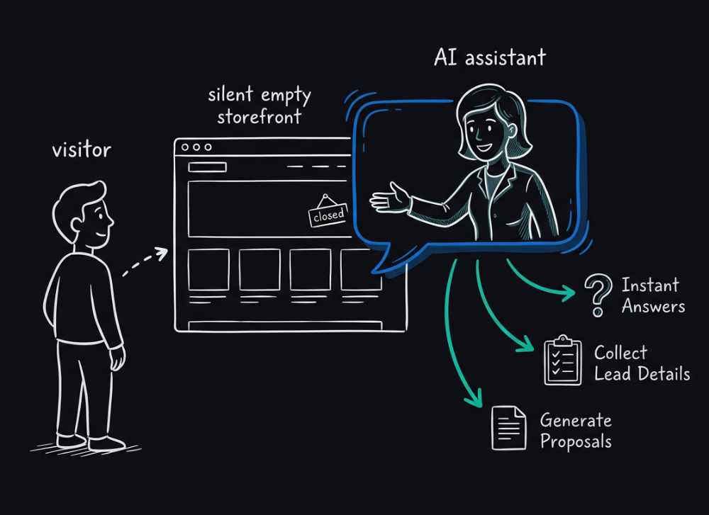Illustration: a visitor reaches an empty website and an AI assistant greets them