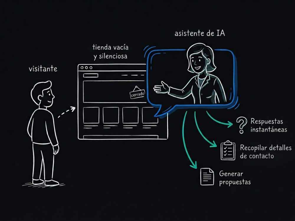 Ilustración: un visitante llega a una web vacía y un asistente de IA le atiende